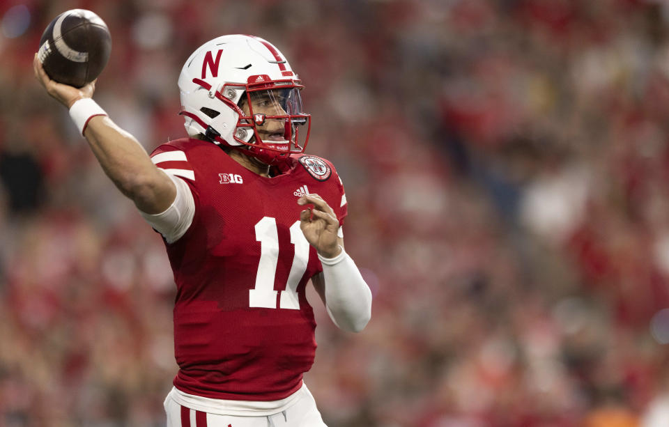 Nebraska quarterback Casey Thompson throws a pass against Indiana during the first half of an NCAA college football game Saturday, Oct. 1, 2022, in Lincoln, Neb. (AP Photo/Rebecca S. Gratz)