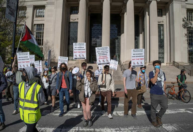 Pro-Palestinian protesters march across campus at the Massachusetts Institute of Technology (MIT) after three other protesters were arrested for blocking a parking garage in Cambridge, Massachusetts, on May 9, 2024 (Rick Friedman)