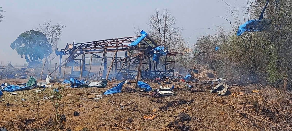 Aftermath of the airstrike in Pazigyi village in Sagaing Region's Kanbalu Township (AP)