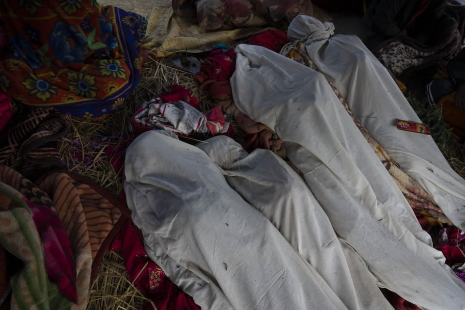 Bodies of people killed in earthquake await cremation in Jajarkot district, northwestern Nepal, Sunday, Nov. 5, 2023. Friday night’s earthquake in the district killed more than hundred people while more than fifty were killed in the neighboring Rukum district, officials said. (AP Photo/Niranjan Shrestha)