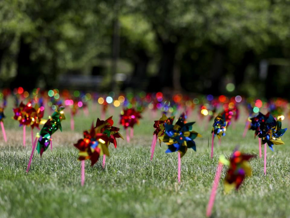 Pinwheels are placed on the lawn at the Oregon Capitol Monday to represent the families that could lose state child care assistance under the proposed budget.