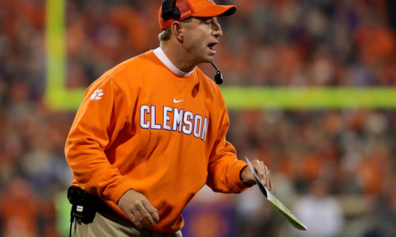 Dabo Swinney reacts on the Clemson sidelines against South Carolina.