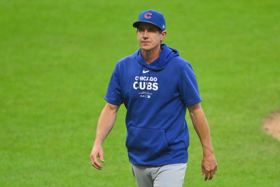 Chicago Cubs manager Craig Counsell walks off the field after a visit to the mound during an Aug. 13 game at Progressive Field in Cleveland.