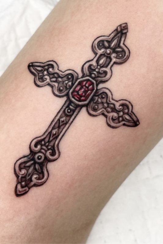 Bejeweled cross tattoo <p>Joohee Ui</p>