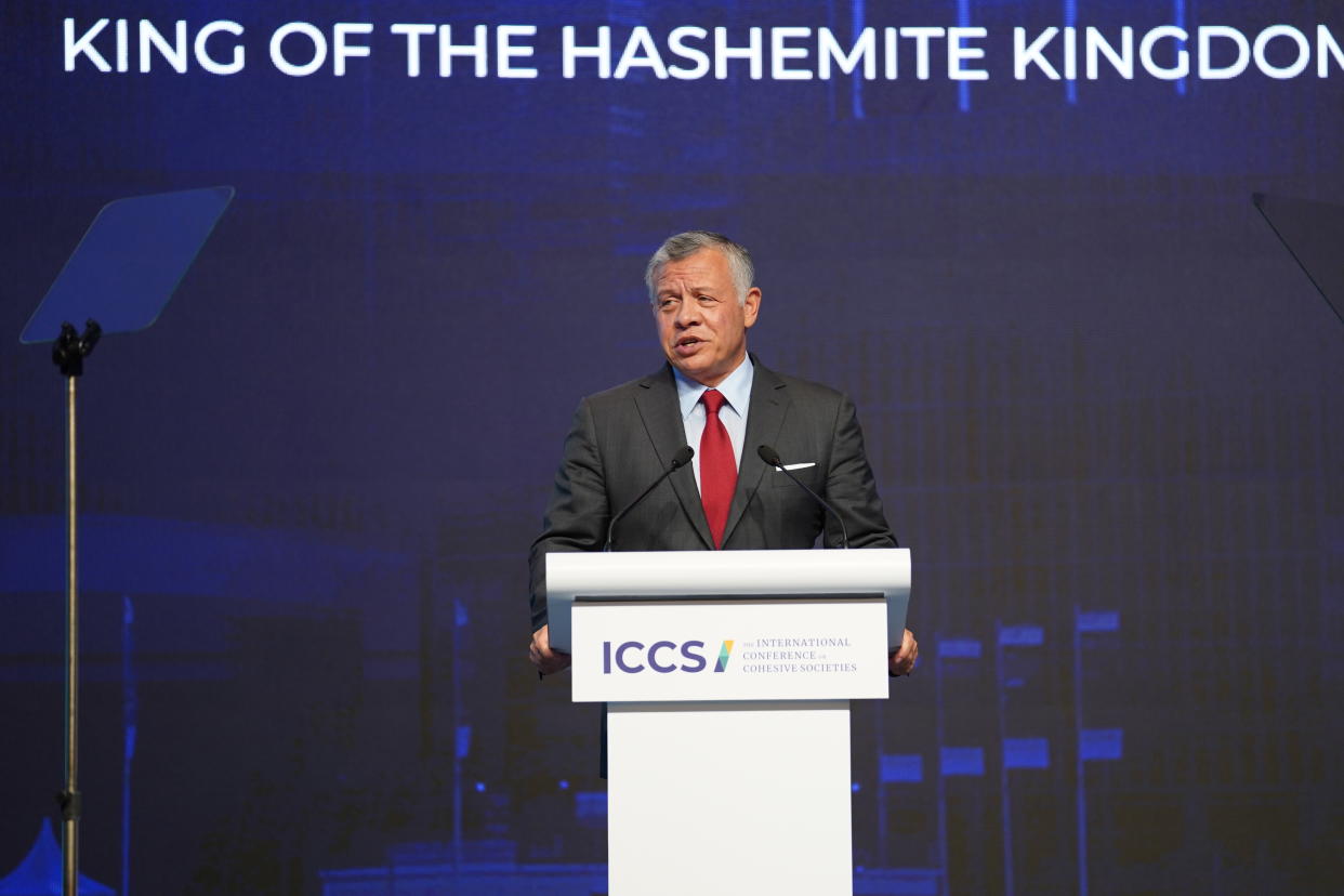 King Abdullah II of Jordan delivers the keynote address at the International Conference on Cohesive Societies (ICCS) at Raffles City Convention Centre on Thursday, 21 June 2019. PHOTO: ICCS