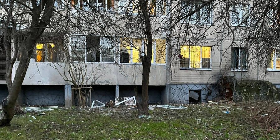Consequences of the impact of the blast wave near the impact site in Lviv, February 15, 2024