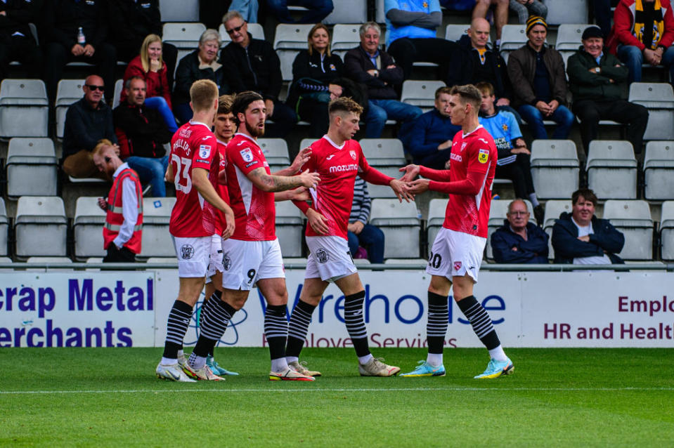 Morecambe season preview 2023/24 Jensen Weir of Morecambe FC celebrates scoring his side's first goal of the game with his team mates during the Sky Bet League 1 match between Morecambe and Cambridge United at the Globe Arena, Morecambe on Saturday 24th September 2022. (Photo by Ian Charles/MI News/NurPhoto via Getty Images)