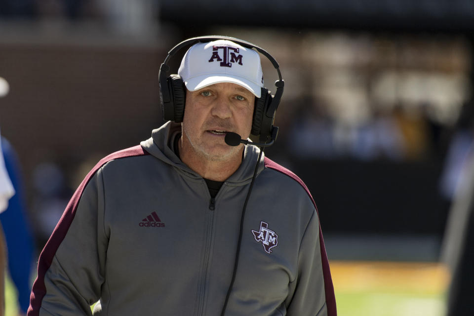 Texas A&M head coach Jimbo Fisher walks the sideline during the fourth quarter of an NCAA college football game against Missouri Saturday, Oct. 16, 2021, in Columbia, Mo. Texas A&M won 35-14. (AP Photo/L.G. Patterson)