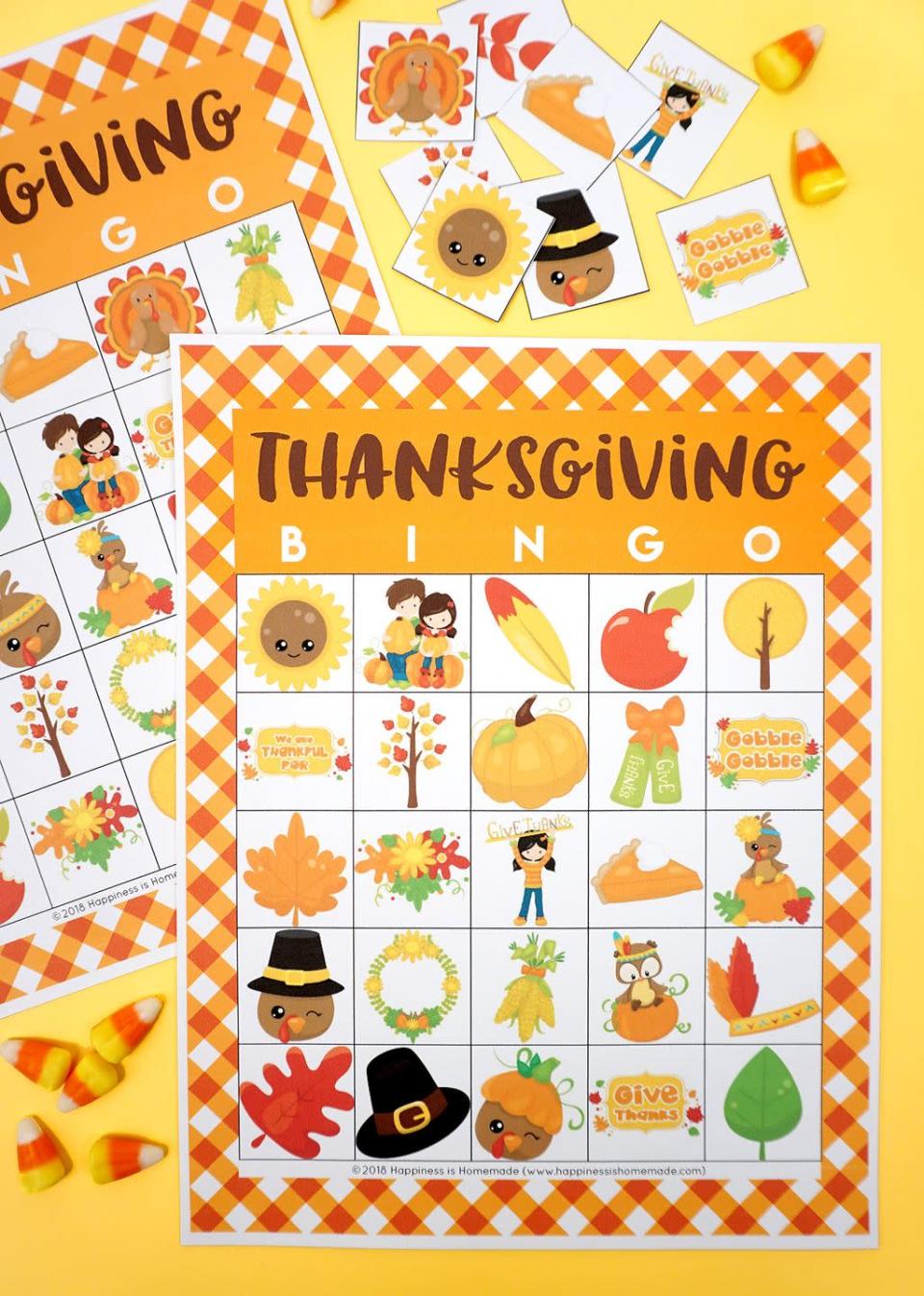 <p>It doesn't get much more classic than a rousing game of Bingo. Give the game a festive spin by downloading free printable Turkey Day-themed cards online. Use pieces from other board games, hard-shelled candies, buttons or even pennies to cover the squares.</p><p><em><a href="https://www.happinessishomemade.net/free-printable-thanksgiving-bingo-cards/" rel="nofollow noopener" target="_blank" data-ylk="slk:Download the printable at Happiness Is Homemade »" class="link ">Download the printable at Happiness Is Homemade »</a></em></p>