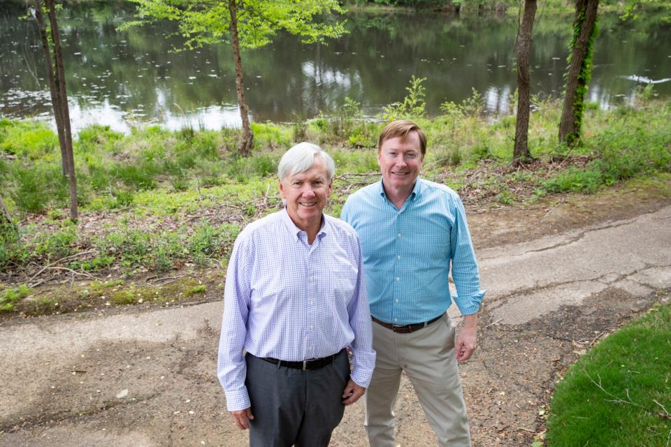 Ducks Unlimited President Chuck Smith and CEO Adam Putnam pose for a portrait outside the Ducks Unlimited building in Memphis, Tenn., on Wednesday, April 17, 2024.