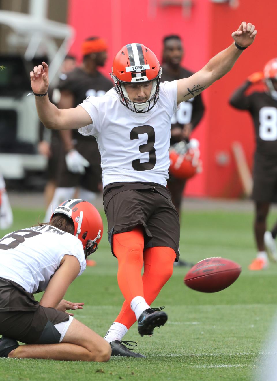 Cleveland Browns rookie kicker Cade York kicks a field goal during OTA workouts on Wednesday, June 8, 2022 in Berea.