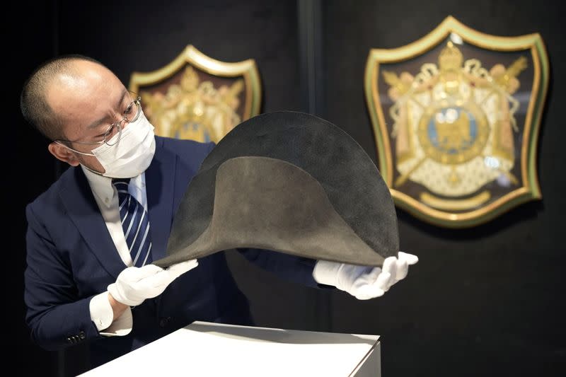 Bicorne hat which belonged to late French Emperor Napoleon Bonaparte is displayed ahead of an auction at Bonhams in Hong Kong