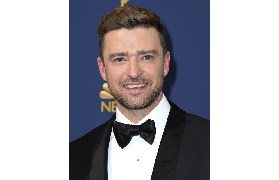 FILE - Justin Timberlake arrives at the 70th Primetime Emmy Awards in Los Angeles on Sept. 17, 2018. Timberlake says that he wants to apologize to Britney Spears and Janet Jackson “because I care for and respect these women and I know I failed.” Timberlake’s social media post comes a week after the release of “The New York Times Presents: Framing Britney,” the FX and Hulu documentary that takes a historical look at the circumstances that led Spears’ conservatorship in 2008 and highlights the #FreeBritney movement. (Photo by Jordan Strauss/Invision/AP, File)
