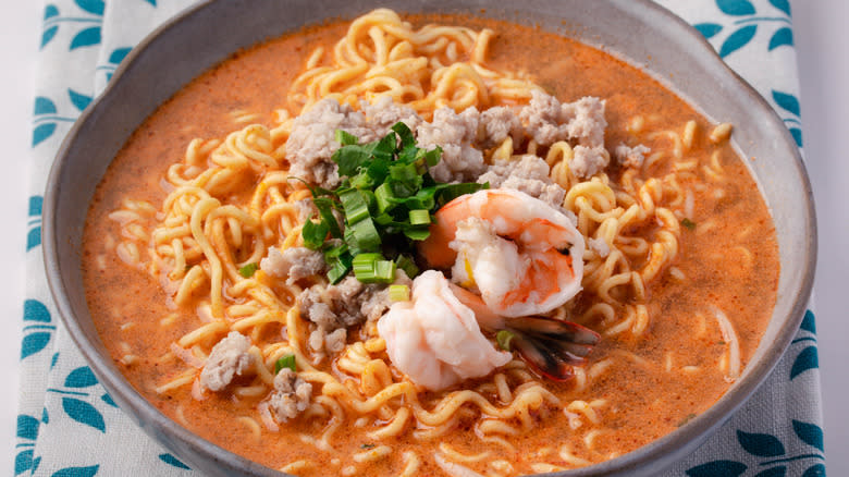 Bowl of ramen with various toppings