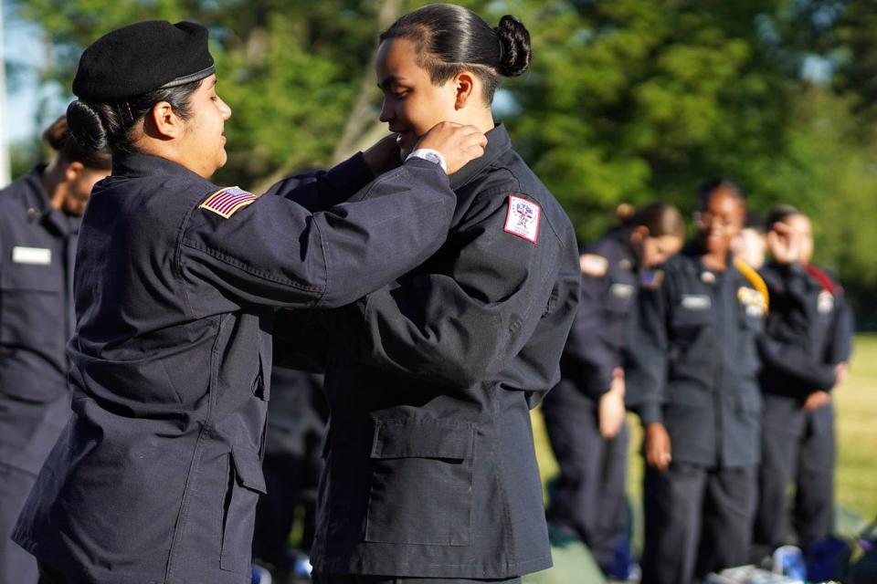 Cadet Estrella Mirroquin prepares for graduation with her platoon outside of the Michigan Youth Challenge Academy in Battle Creek on Saturday, June 15, 2024.