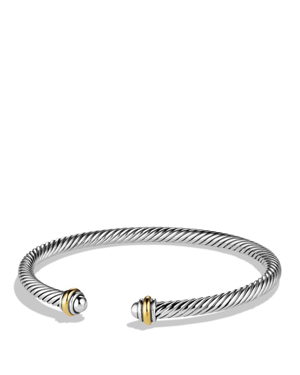 <p><a href="https://go.redirectingat.com?id=74968X1596630&url=https%3A%2F%2Fwww.bloomingdales.com%2Fshop%2Fproduct%2Fdavid-yurman-cable-classics-bracelet-with-18k-gold-4mm%3FID%3D927932&sref=https%3A%2F%2F" rel="nofollow noopener" target="_blank" data-ylk="slk:Shop Now;elm:context_link;itc:0;sec:content-canvas" class="link ">Shop Now</a></p><p>Cable Bracelet </p><p>bloomingdales.com</p><p>$395.00</p>