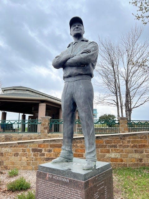 A statue of Ray Ackerman, the man who envisioned the Oklahoma River becoming a national attraction, in the Oklahoma City Boathouse District.