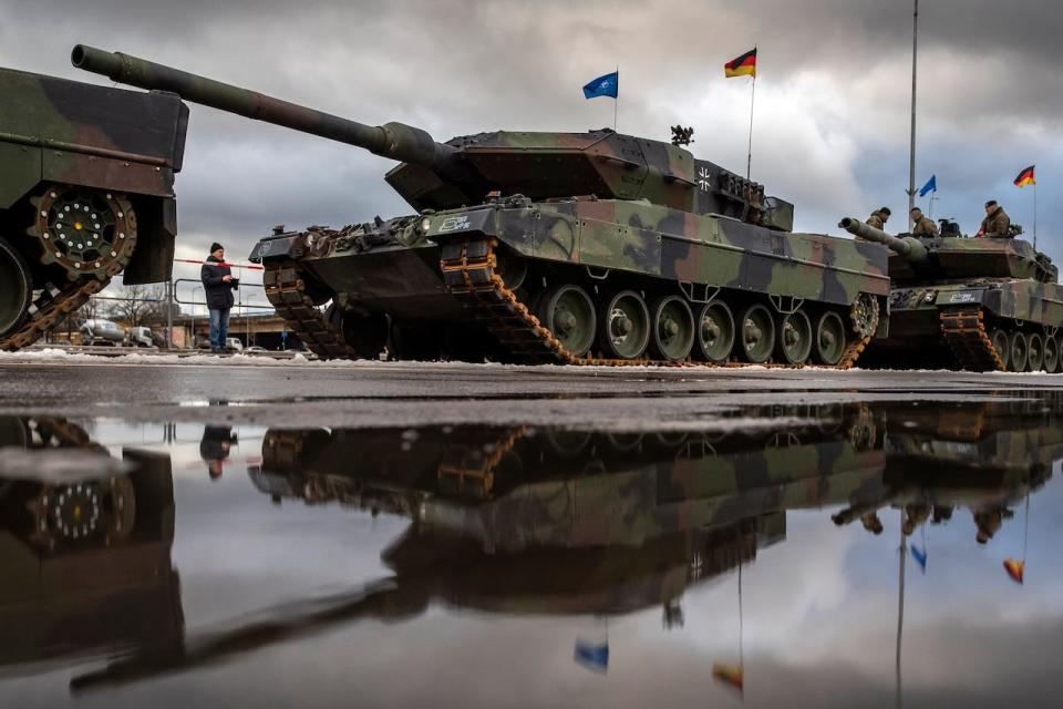 German army main battle tanks Leopard 2A6 are parked prior to the start of a rehearsal for the Armed Forces Day military parade marking the 105th anniversary of the Lithuanian military on Armed Forces Day in Vilnius, Lithuania, Friday, Nov. 24, 2023. The parade will take place in Vilnius on Nov. 25. For Lithuanians, the holiday honours the restoration of the country's armed forces in 1918 after the end of WWI.