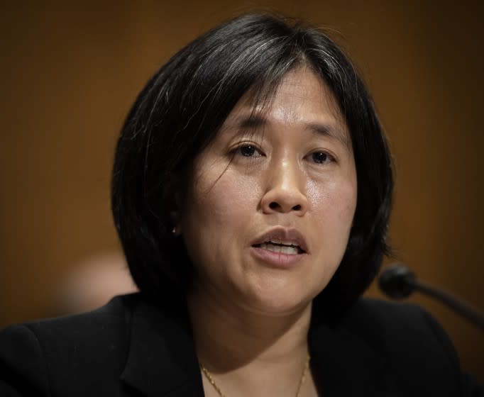 Katherine Tai, nominee for U.S. trade representative, speaks during a Senate Finance Committee hearing on Capitol Hill, in Washington, Thursday, Feb. 25, 2021. (Bill O'Leary/The Washington Post via AP, Pool)