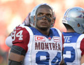 FILE - In this Aug. 7, 2014, file photo, Montreal Alouettes' Michael Sam and teammates warm up for a Canadian Football League game against the Ottawa Redblacks in Ottawa, Ontario. (Justin Tang/The Canadian Press via AP, File)