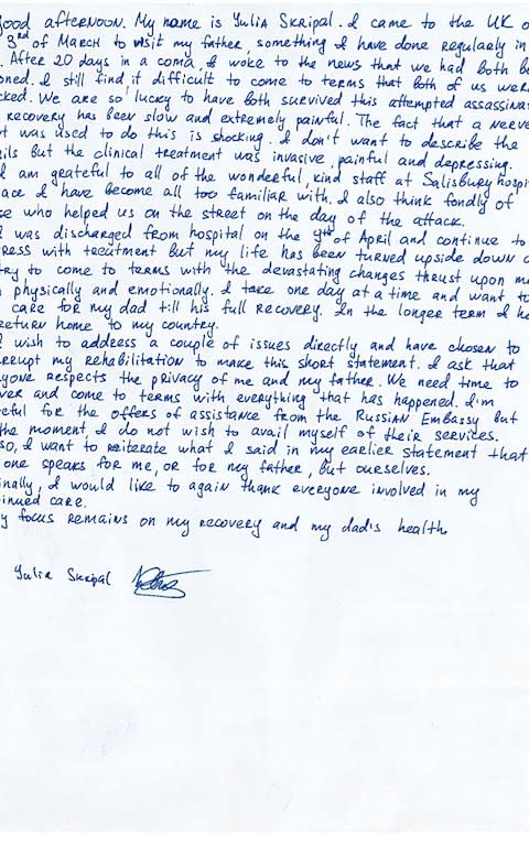 A scan of a signed handwritten statement in English by Yulia Skripal - Credit: Reuters