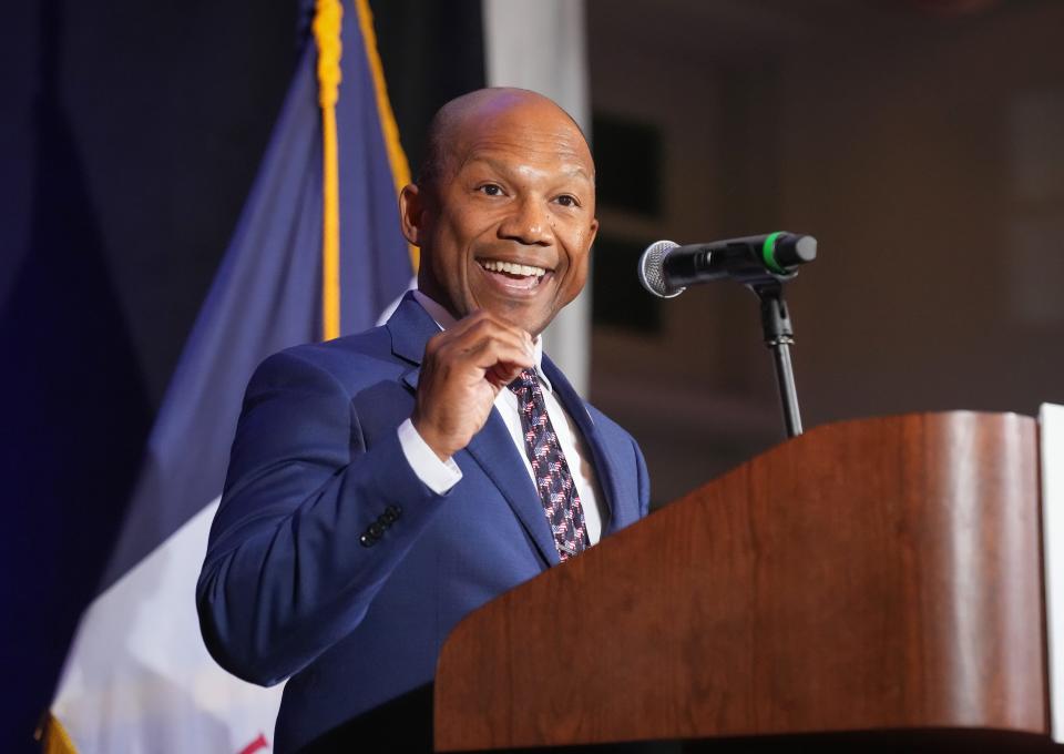 Ross Wilburn, chair of the Iowa Democratic Party, speaks during the Iowa Democratic Party election night watch party at the Hotel Fort Des Moines in Des Moines, Iowa, on Tuesday, Nov. 8, 2022.