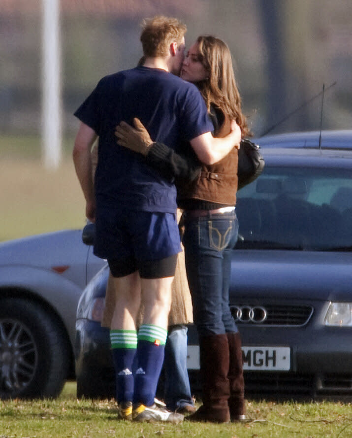 The couple sneaks a kiss after a March 2006 sporting event at Eton College, the boarding school the prince attended as a teen.