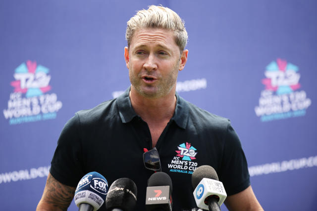 Australian cricket captain, Michael Clarke, gestures to a Louis Vuitton  cricket trunk in Sydney on Tuesday, Oct. 16, 2012. The trunk was designed  in collaboration with Clarke and will be auctioned with