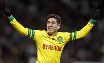 FC Nantes' Alejandro Bedoya reacts after scoring against Olympique Marseille during their French Ligue 1 soccer match at the Velodrome stadium in Marseille, December 6, 2013. REUTERS/Jean-Paul Pelissier (FRANCE - Tags: SPORT SOCCER)