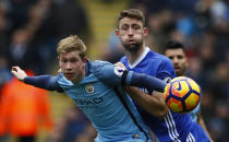 Britain Football Soccer - Manchester City v Chelsea - Premier League - Etihad Stadium - 3/12/16 Chelsea's Gary Cahill in action with Manchester City's Kevin De Bruyne Action Images via Reuters / Jason Cairnduff Livepic EDITORIAL USE ONLY. No use with unauthorized audio, video, data, fixture lists, club/league logos or "live" services. Online in-match use limited to 45 images, no video emulation. No use in betting, games or single club/league/player publications. Please contact your account representative for further details.