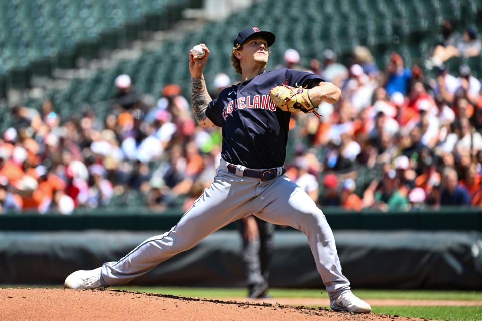 Cleveland Guardians starting pitcher Zach Plesac throws during the first inning of a baseball game against the Baltimore Orioles, Sunday, June 5, 2022, in Baltimore. (AP Photo/Terrance Williams)