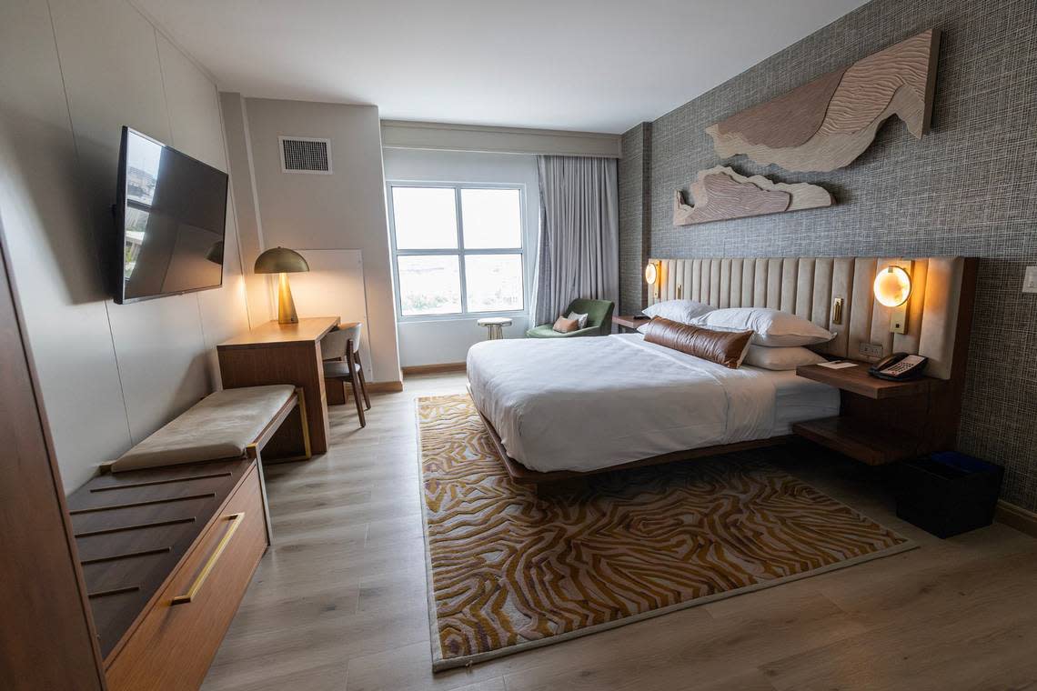 The bedroom of the Trinity Suite inside the newly remodeled Sheraton hotel in downtown Fort Worth on Tuesday, April, 23, 2024.