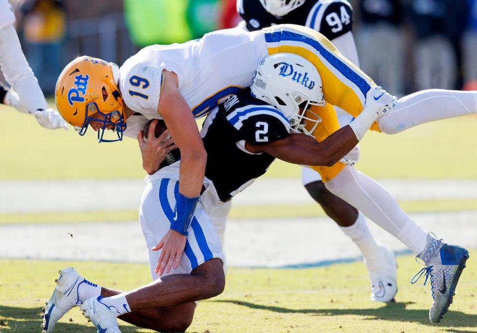 Duke’s Jaylen Stinson tackles Pittsburgh’s Nate Yarnell during the first half of the Blue Devils’ game on Saturday, Nov. 25, 2023, at Wallace Wade Stadium in Durham, N.C.