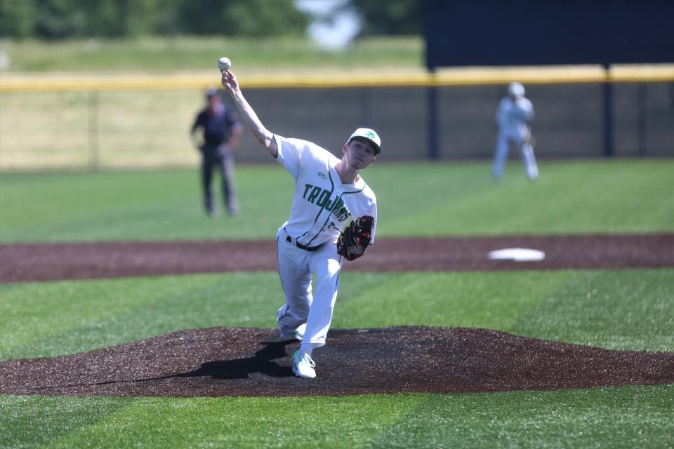 New Castle baseball senior Adyan Decker-Petty threw a complete-game shutout in his team's 9-0 regional semifinal win against Wawasee at Oak Hill High School on Saturday, June 4, 2022.