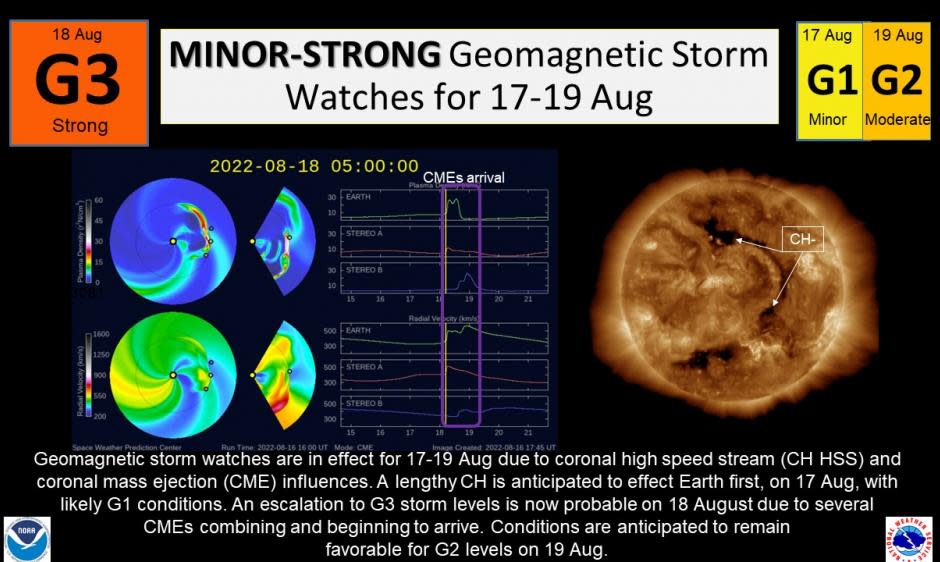 Slide reading: Minor-strong geomagnetic storm watches for 17-19 Aug. Geomagnetic storm watches are in effect for 17-19 Aug due to coronal high speed stream and coronal mass ejection influences. A lengthy CH is anticipated to affect Earth first, on 17 Aug, with likely G1 conditions. An escalation to G3 storm levels is now probably on 18 Aug due to several CMEs combining and beginning to arrive. Conditions are anticipated to remain favorable for G2 levels on 19 Aug.