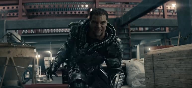 General Zod crouching at the top of a building under construction in "Man of Steel"
