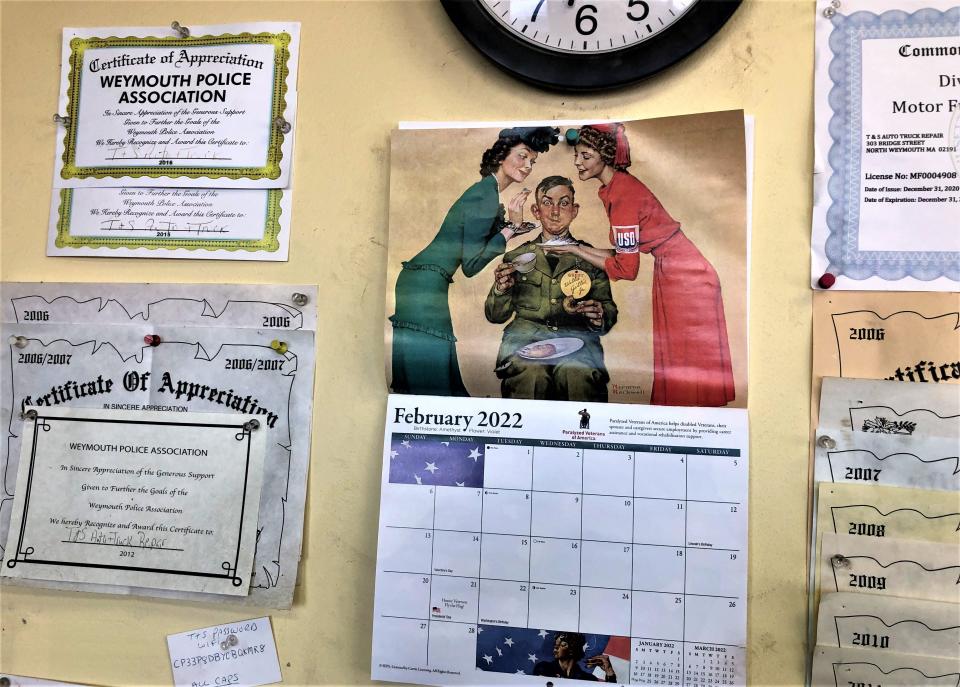 The office wall at T &amp; S Auto Repair in Weymouth has that old-fashioned feeling with a Norman Rockwell calendar, a favorite of owners Steve Shore and John Taylor.