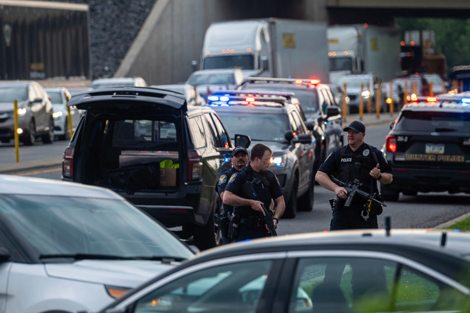 PITTSTON, UNITED STATES - 2022/06/01: Police search for an active shooter after closing down the highway. Reports of an active shooter in a Walmart turned into a shooting in an adjacent Nail Salon in Pittston. The reports brought out law enforcement from multiple counties, State Police and Homeland Security. The shooter fired inside the salon striking one woman, and then fled the scene where police searched for him. (Photo by Aimee Dilger/SOPA Images/LightRocket via Getty Images)