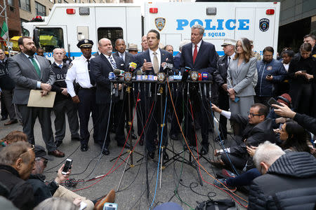 Governor of New York Andrew Cuomo gives a media briefing outside the Time Warner Center in the Manhattan borough of New York City after a suspicious package was found inside the CNN Headquarters in New York, U.S., October 24, 2018. REUTERS/Kevin Coombs