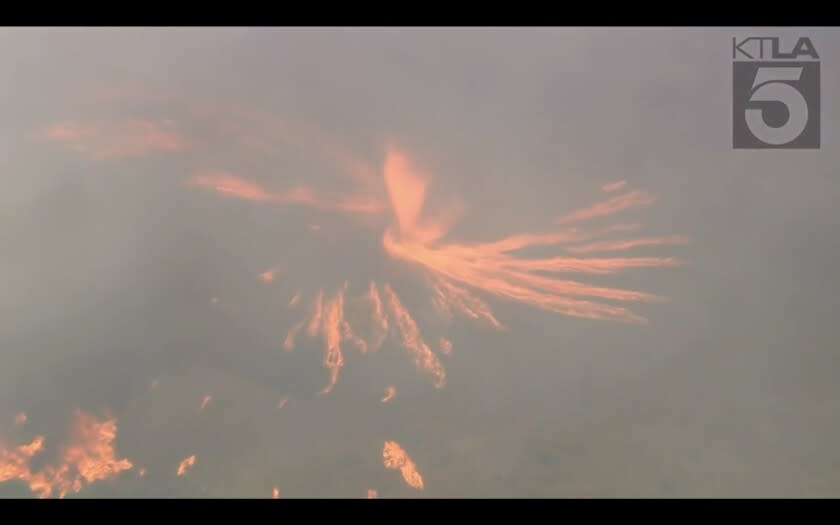 A KTLA-TV Channel 5 news helicopter captured an apparent fire tornado produced by the Sam fire burning near Gorman.