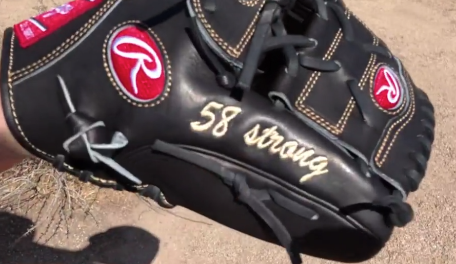 Brewers prospect Bubba Derby had “58 Strong” embroidered on his glove to pay tribute to the victims of the Las Vegas shooting. (MLB.com)