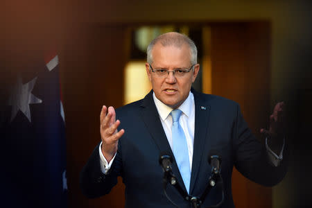 Prime Minister Scott Morrison speaks to the media during a press conference at Parliament House in Canberra, Australia, April 11, 2019. AAP Image/Mick Tsikas via REUTERS