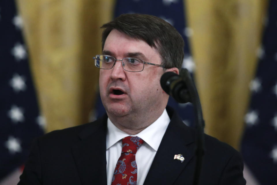 Veterans Affairs Secretary Robert Wilkie speaks about protecting seniors, in the East Room of the White House, Thursday, April 30, 2020, in Washington. (AP Photo/Alex Brandon)