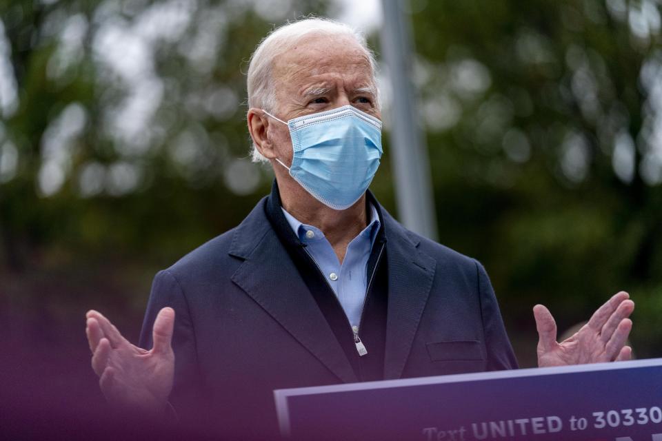 Democratic presidential candidate former Vice President Joe Biden speaks to members of the media outside a voter service center, Monday, Oct. 26, 2020, in Chester, Pa. (AP Photo/Andrew Harnik)