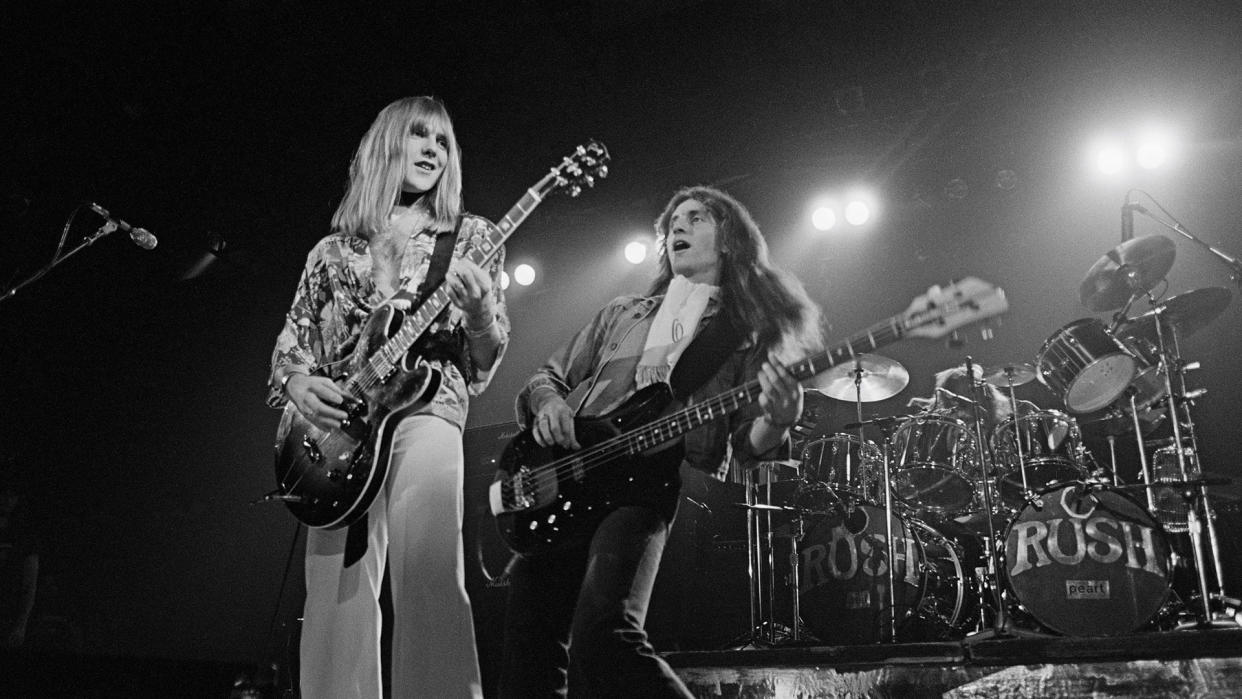  Alex Lifeson onstage at an early Rush show with his Gibson ES-335 – a guitar he initially favored over a Les Paul 