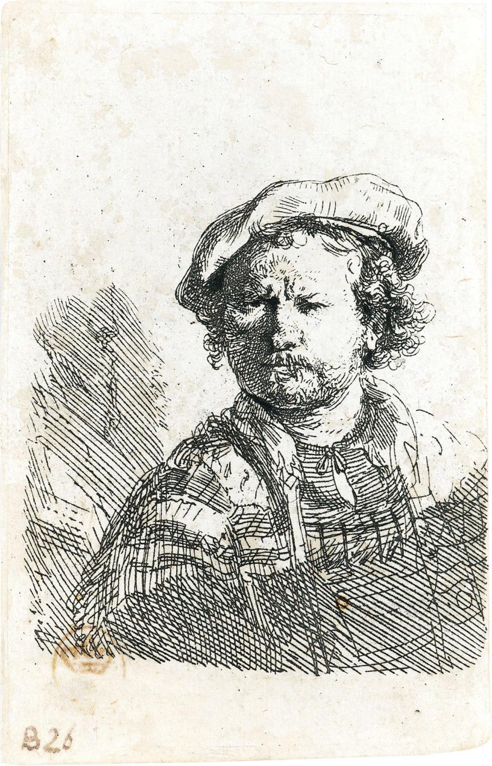 This is the etching, "Self Portrait in a Flat Cap and Embroidered Dress," by Rembrandt circa 1642.