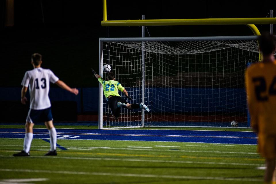 Mount Academy keeper Leon Maendel misses the ball in the net during the Section 9 class C boys soccer championship game in Middletown, NY on Tuesday, October 25, 2022. Rhinebeck defeated Mount Academy 1-0 in double overtime. KELLY MARSH/FOR THE TIMES HERALD-RECORD