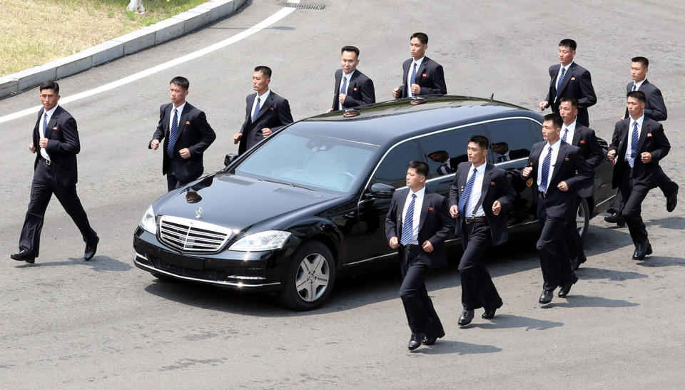 North Korean Leader Kim Jong-un in a car escorted by bodyguards during the Inter-Korean Summit in South Korea in April. Source: Getty Images