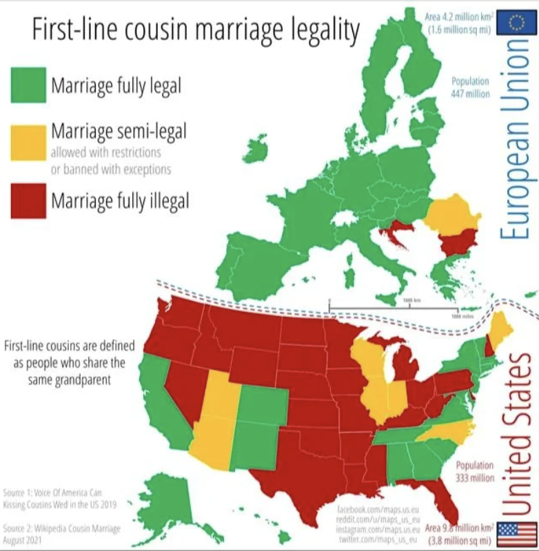 Map showing first-line cousin marriage legality in Europe and the USA: green for fully legal, yellow for semi-legal with restrictions, and red for fully illegal