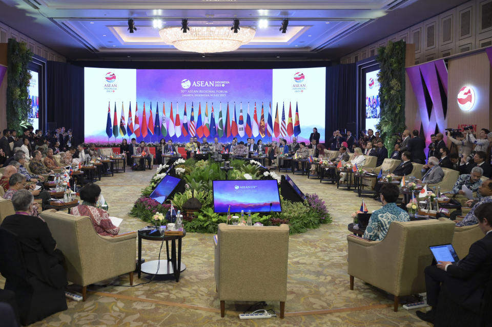 Foreign ministers and members of the delegates attend the Association of Southeast Asian Nations (ASEAN) Regional Forum in Jakarta, Indonesia, Friday, July 14, 2023. (Bay Ismoyo/Pool Photo via AP)